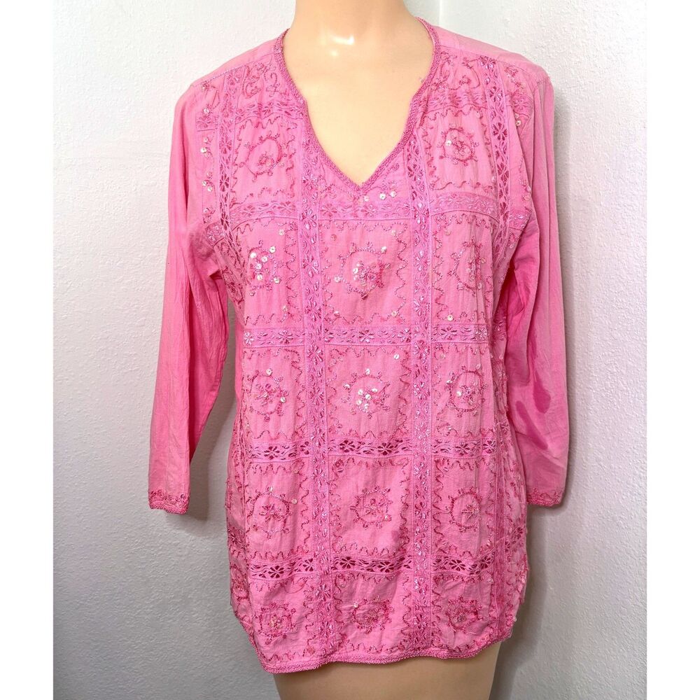 Womens Embroidered Boho Top Made India Pink Hippie Peasant Cottagecore V Neck